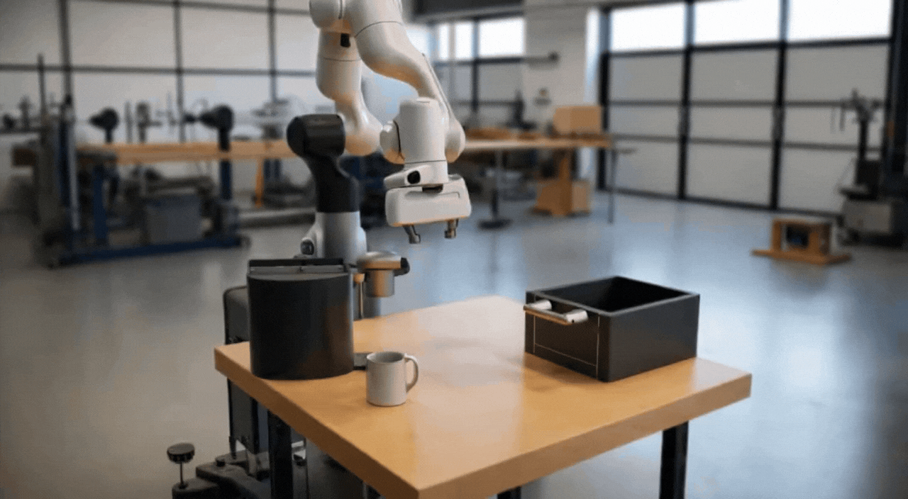 A photoreal video depicts an arm robot following an instructed trajectory.
