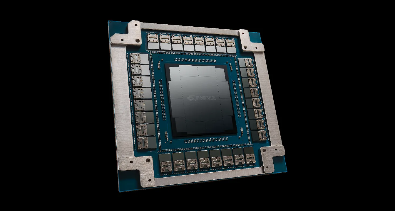 An image of the Spectrum-X Ethernet photonics package, showing the ASIC and optical engines.
