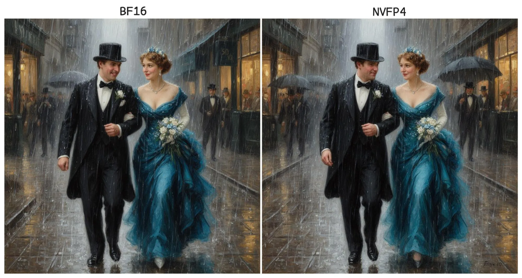 Two side-by-side images of a couple walking down a rainy cobblestone street comparing BF16 precision (left) and NVFP4 (right).
