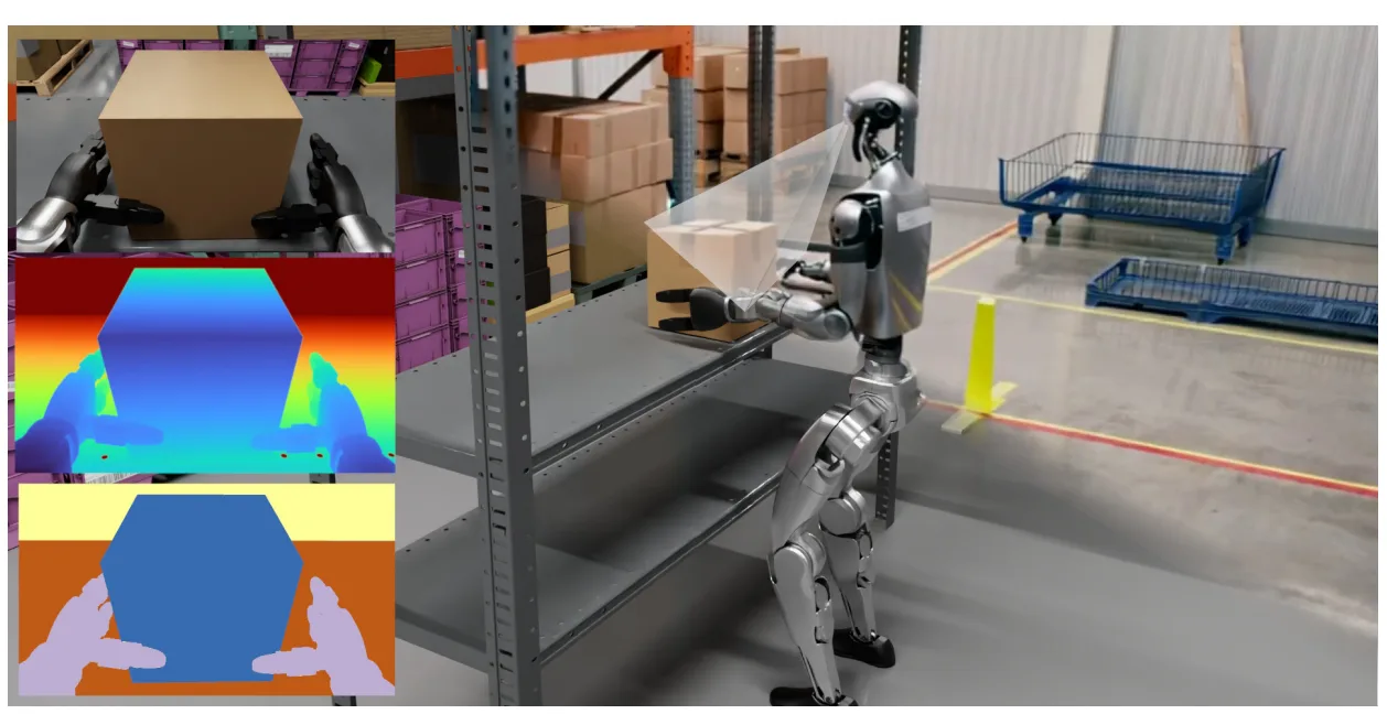 A robot focused on handling a cardboard box within a warehouse setting, showcasing its precision and functionality. Below the main view, there are color-coded overlays displaying different perspectives or depth information related to the box's geometry and the robot's hand positioning.
