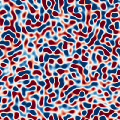 Pseudocolor GIF of two-dimensional decaying turbulence at $\mathrm{Re}=1000$, showing intertwined vortical filaments and eddy structures across the domain.