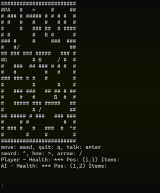 The user instructs the AI (A) to “go get a bow, then come back to me”.  The AI then navigates the maze to the bow icon (>) and brings it back to the player (P).