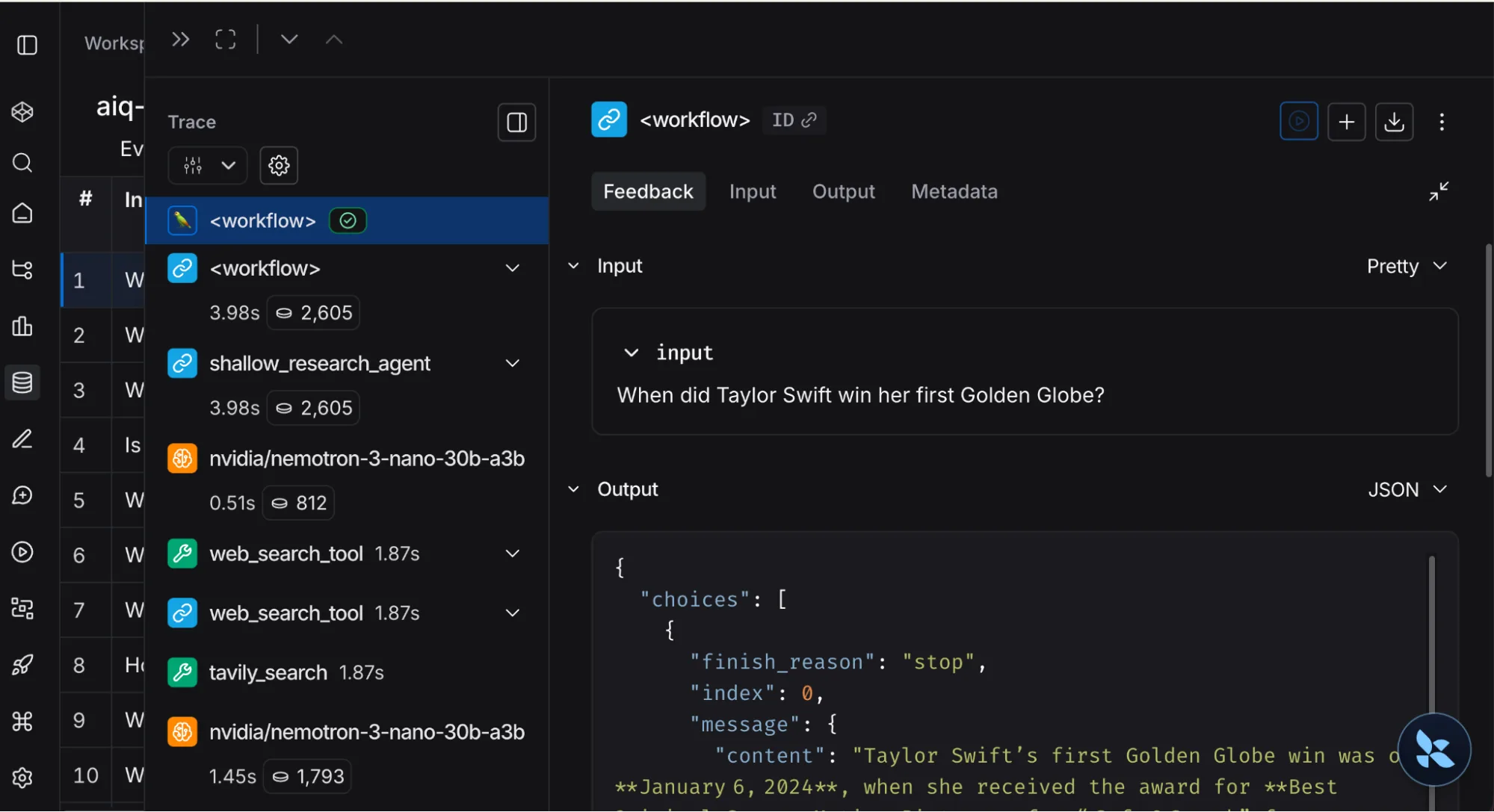 Alt text: A LangSmith interface displays a technical trace for a research query about the deepest place on Earth. The screen shows a hierarchical execution tree of tool calls and the final AI-generated response identifying the Mariana Trench.

