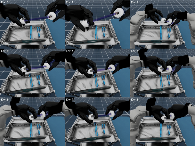 Image shows simulated G1 humanoid robot with dexterous hands assembling a Trocar in an Isaac Lab operating room environment

