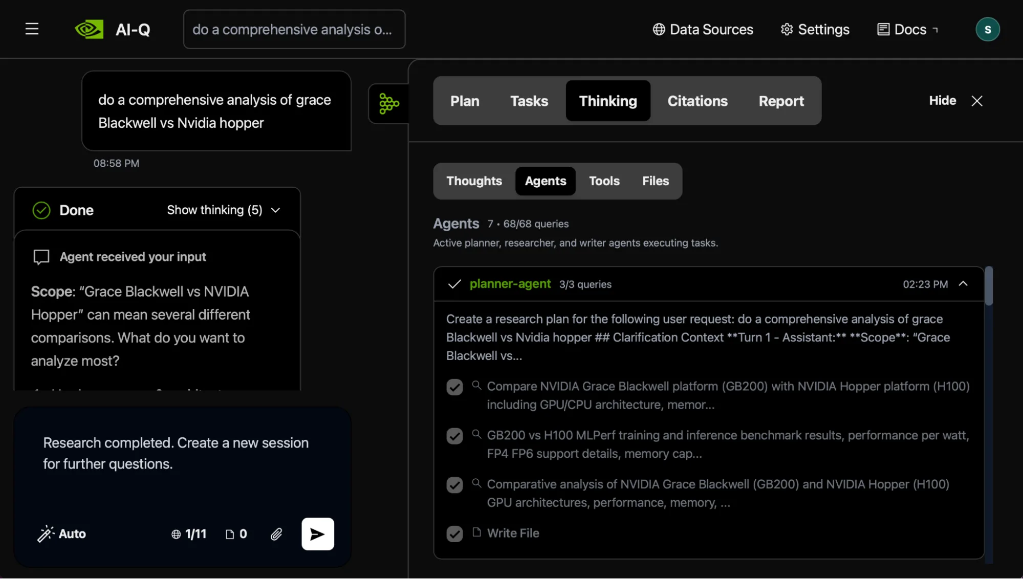 A screenshot of the AI-Q Research Assistant interface showing a user’s research request and an agent clarification. The dual-panel display tracks the AI's internal "Thinking" process, including a list of completed search queries and pending tasks.
