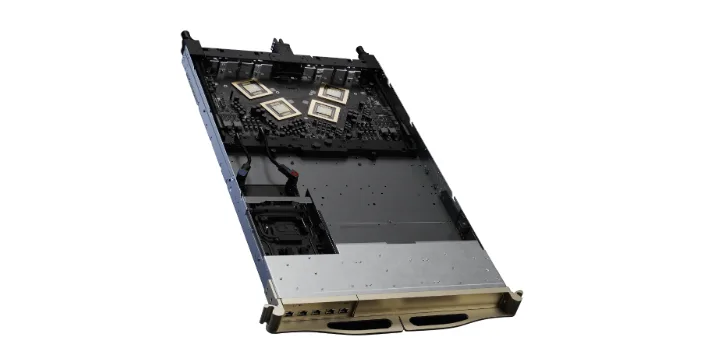 Image of the NVLink Switch tray showing four NVLink Switch chips.