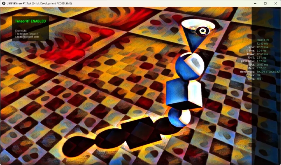 A screenshot of an Unreal Engine scene, showing a stylized neural post-processing effect applied to a geometric test setup along with real-time performance statistics. 
