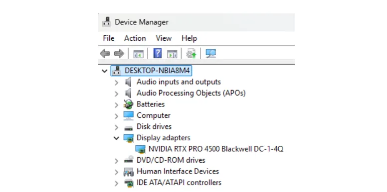 Screenshot of the Windows Device Manager Display adapters section showing the NVIDIA RTX PRO 4500 Blackwell DC-1-4Q device recognized and active.
