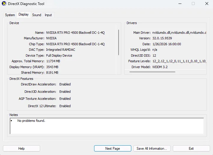 Screenshot of the DirectX Diagnostic Tool Display tab showing the NVIDIA RTX PRO 4500 Blackwell DC-1-4Q device with Direct3D and DirectX 12 Ultimate features enabled.
