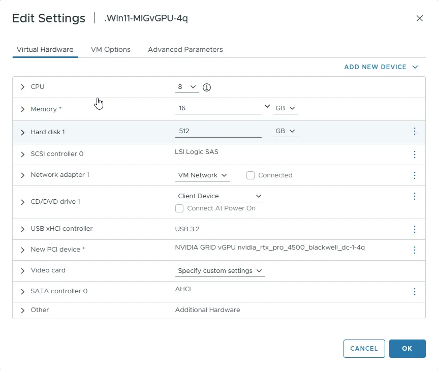 Screenshot of the Edit Settings window for the Windows 11 VM with a New PCI device entry confirming the NVIDIA GRID vGPU nvidia_rtx_pro_4500_blackwell_dc-1-4q profile is attached.
