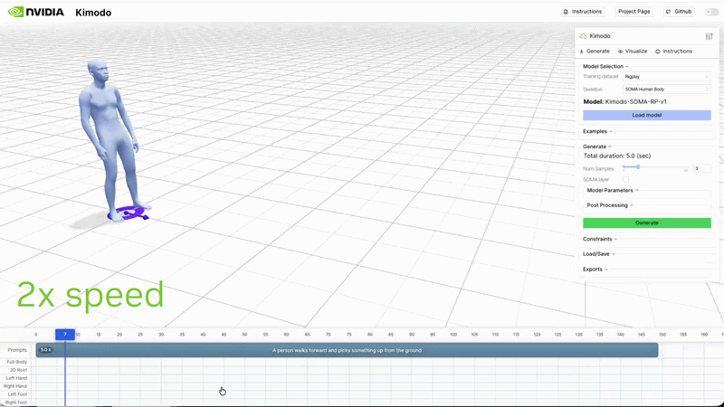 A person walking, with motion tracked on a timeline, shows how Kimodo provides fine-grained control over motions by adding constraints in the tracks on the timeline


