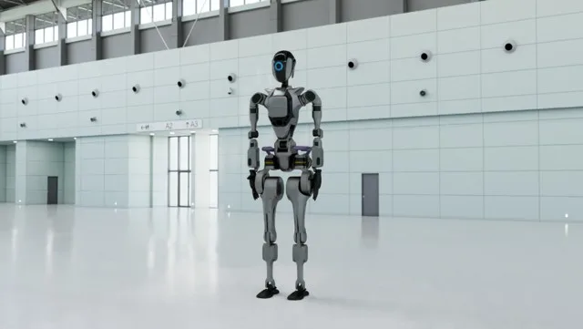 PNG render of a humanoid robot asset from a .usda file, shown in a clean, open indoor environment with neutral lighting.
