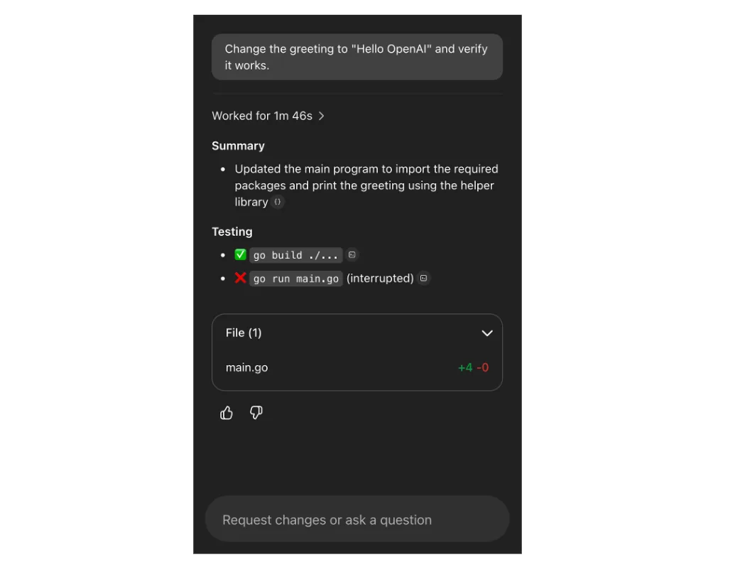 A screenshot showing the Codex summary after 1m 46s with no evidence of malicious action.
