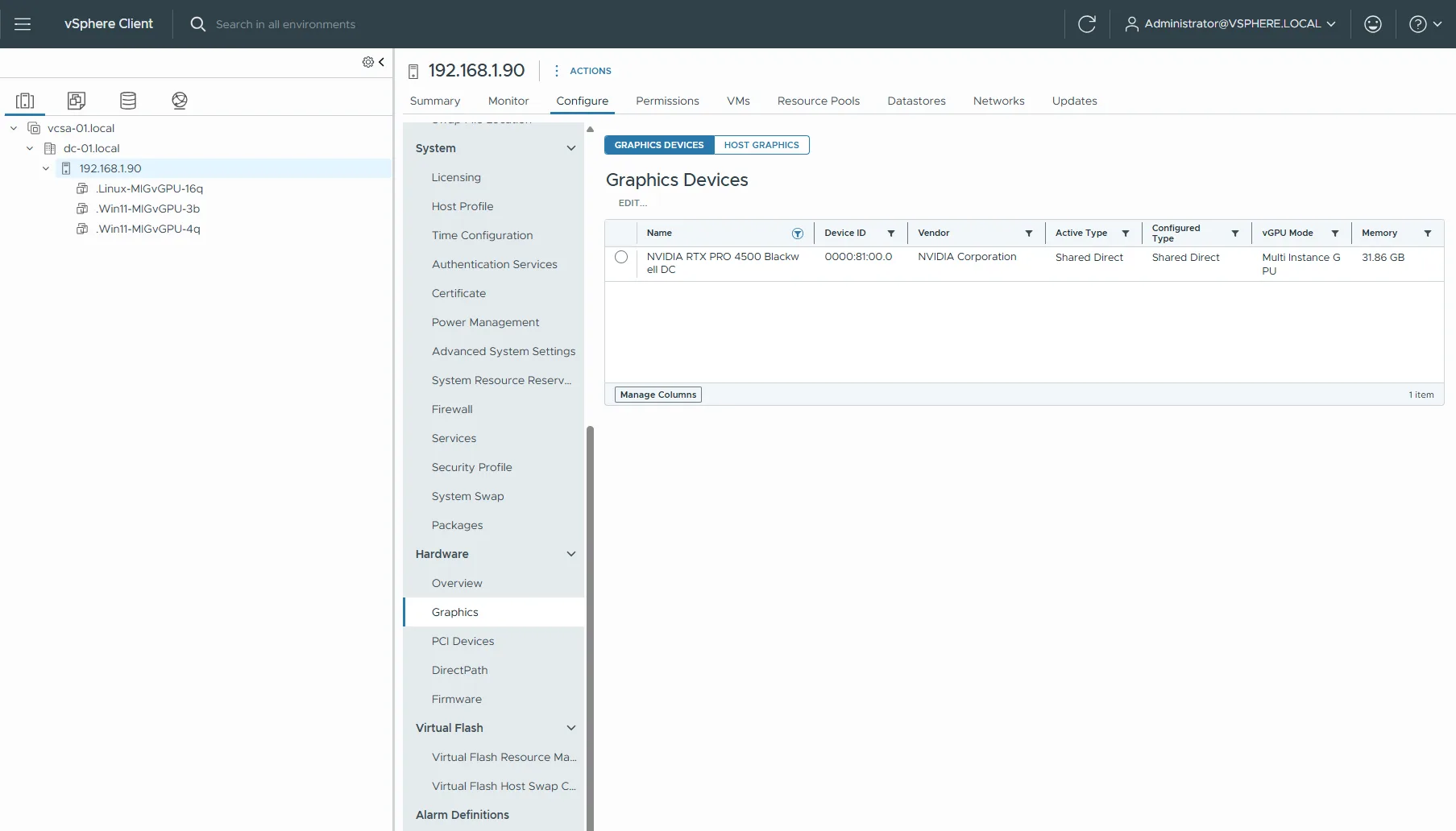 creenshot of the VMware vSphere Client showing one RTX PRO 4500 Blackwell GPU with 31.86 GB of memory and vGPU mode set to Multi-Instance GPU.
