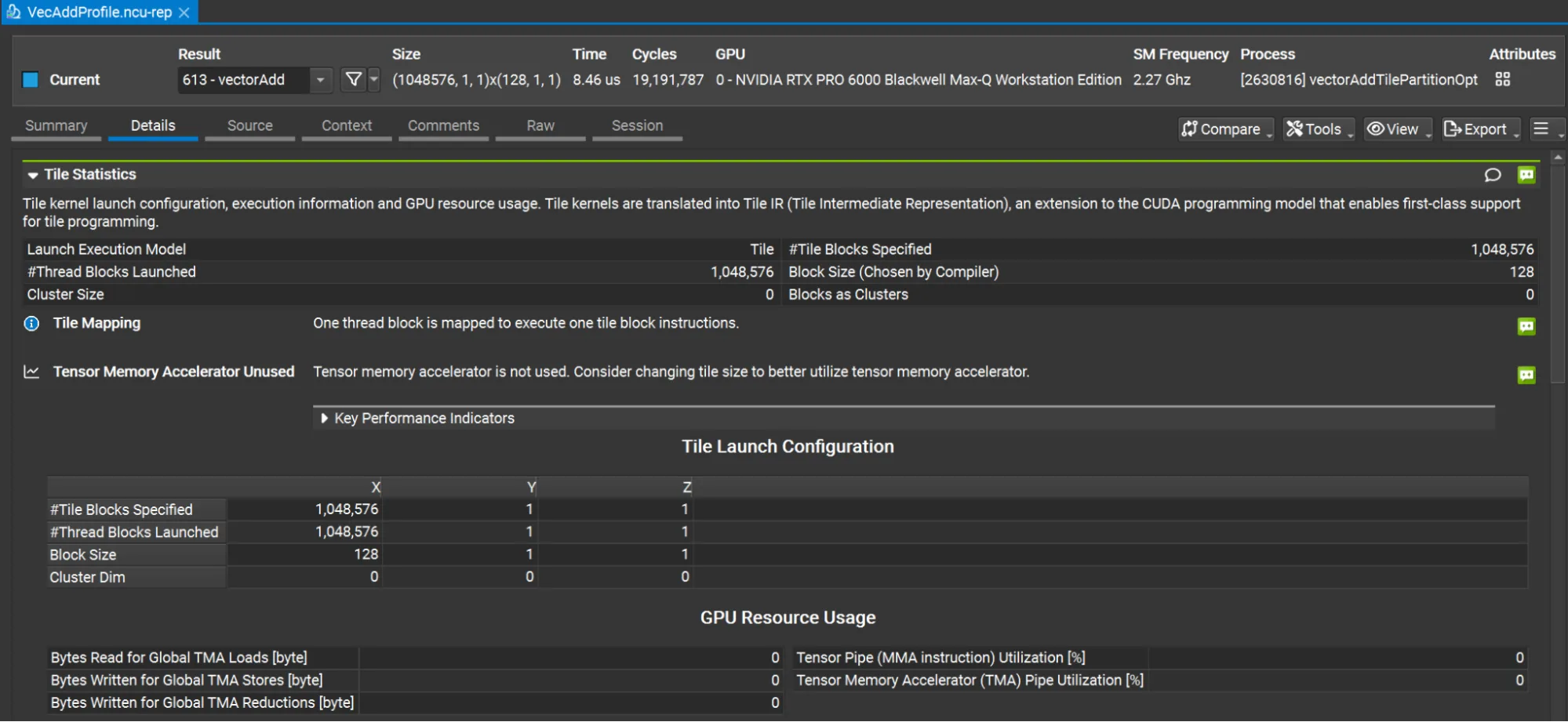 Image of the profile generated from Nsight Compute, showing the tile statistics for the vectorAdd kernel.