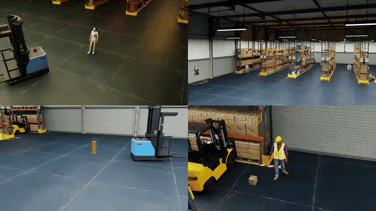 A collection of videos from the Warehouse Operations Scenes dataset. The videos show simulated warehouse scenes from different camera angles. Some videos show a forklift moving and colliding with people or objects. In another video, a person drops a cardboard box on the floor.  