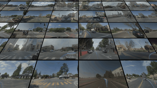 Perspective grid of driving-scene clips showing many AlpaSim closed-loop rollout instances running in parallel across different road scenarios for AlpaGym reinforcement learning.
