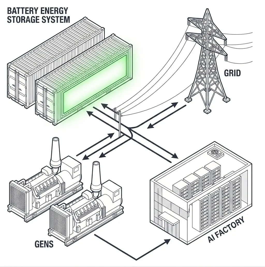 Technical diagram showing a battery energy storage system connected with generators, the electrical grid, and an AI factory, with arrows indicating bidirectional power flow and system coordination