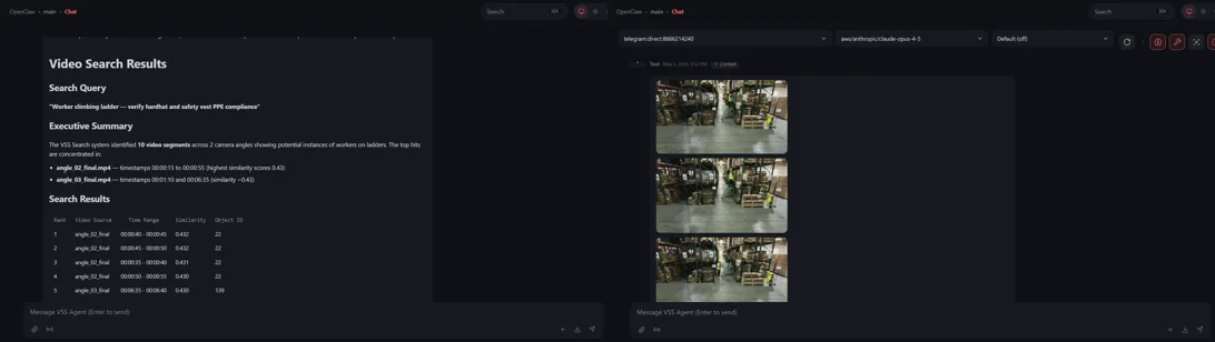 Two screenshots side by side showing the OpenClaw Chat UI with search results for ladder and PPE usage in warehouse videos 
