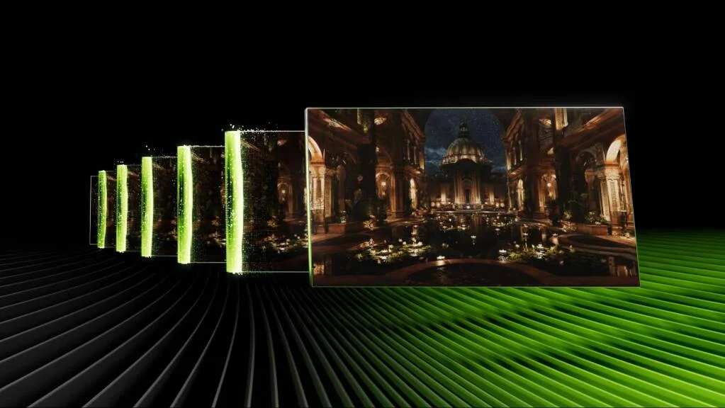 A sequence of frames shows a detailed, atmospheric game scene of an ornate baroque-style interior, with frames being generated into a photorealistic image, visualizing the NVIDIA DLSS 4.5 real-time rendering pipeline. 
