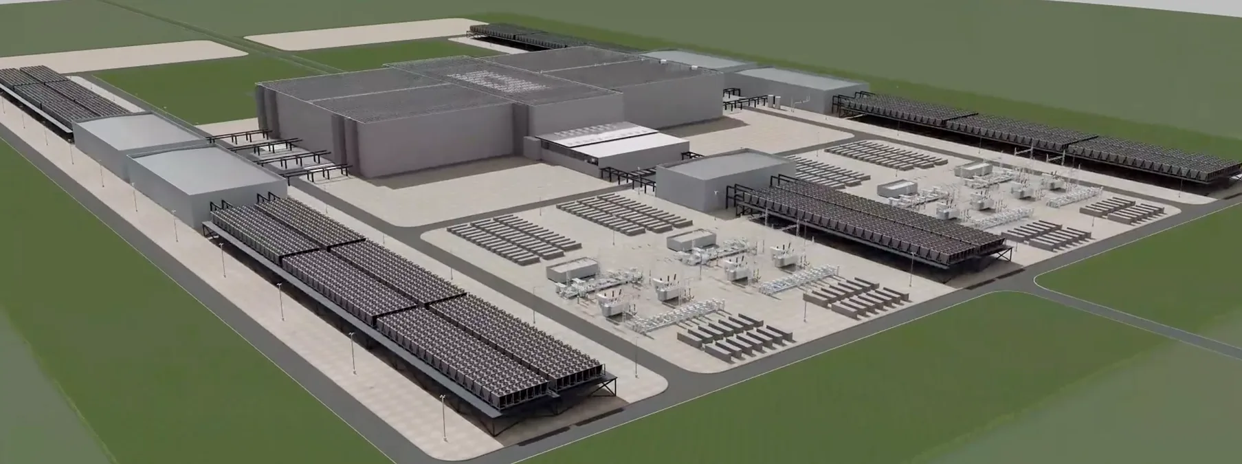 Aerial rendering of a large AI data center campus with a central facility, rows of battery energy storage containers, power conversion equipment, switchgear, transformers, and utility infrastructure
