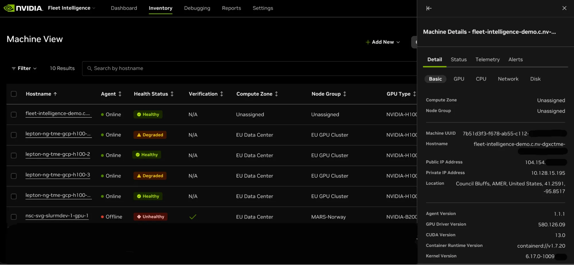 Screenshot of the machine view that allows users to view a sorted list of machines or hosts with the detail panel expanded to display metadata specific to an individual machine. 
