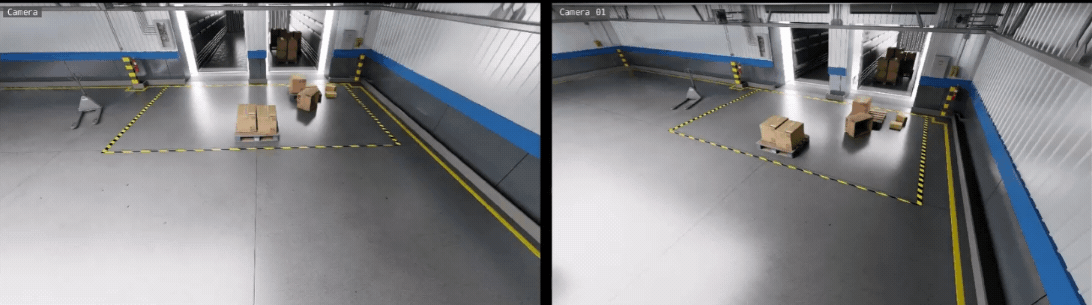 Two simulated warehouse camera feeds showing an empty loading area with no detected objects, representing the forklift safely operating inside the trailer with safety systems temporarily muted.
