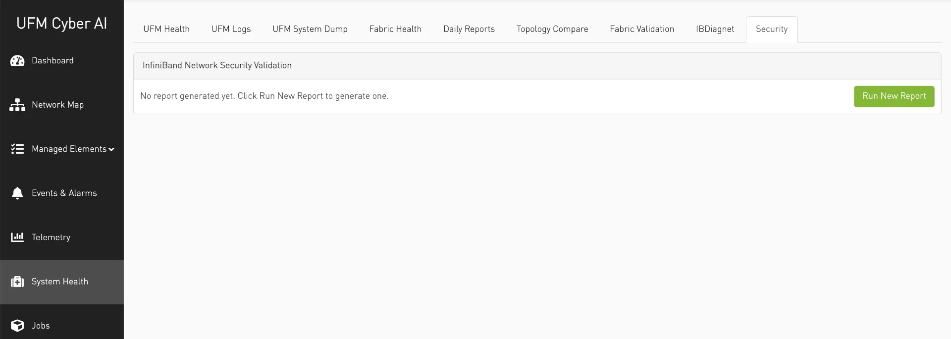 An image of the UFM user interface, displaying the ability to run a new security report