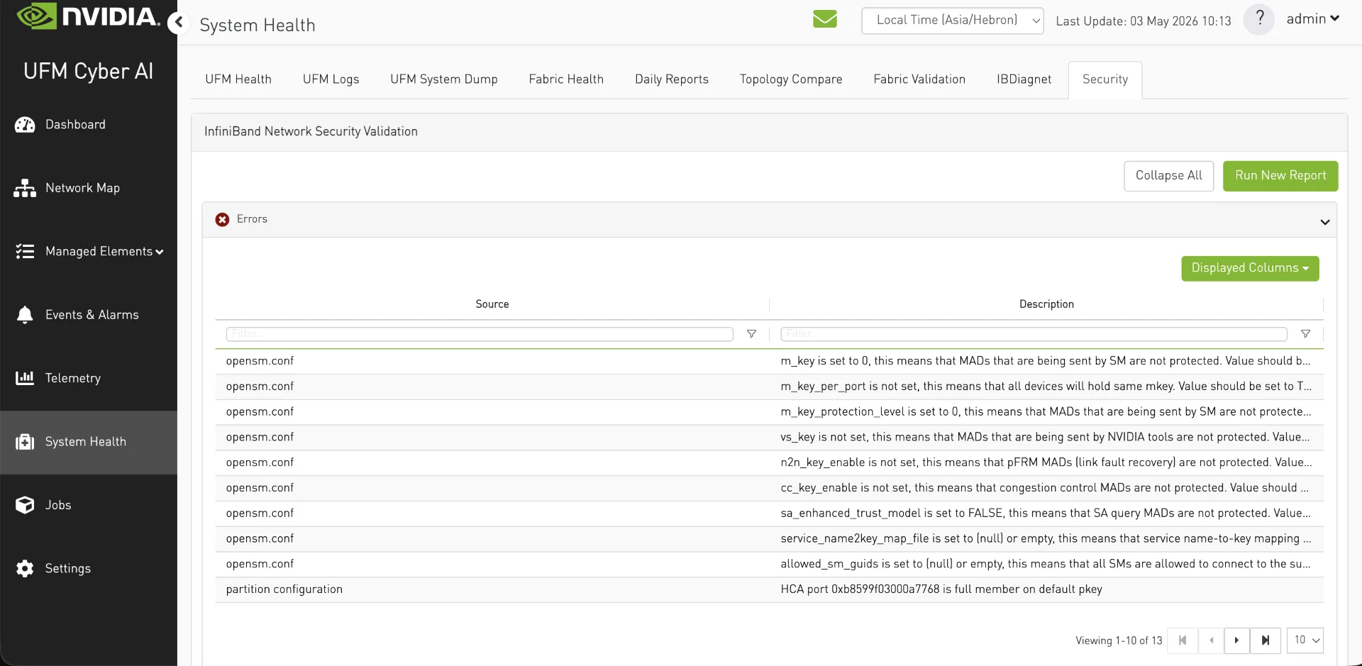 An image of the UFM user interface, displaying a list of network parameters that could be potential vulnerabilities