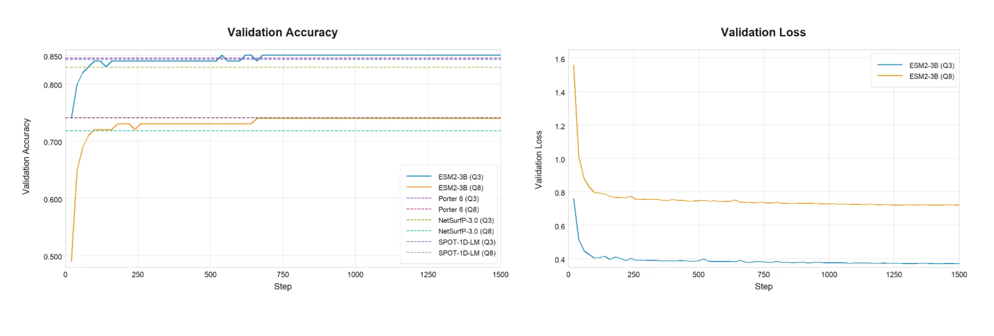 Two line charts showing ESM2-3B + LoRA training progress for protein secondary structure prediction, with validation accuracy increasing and validation loss decreasing over training steps for both Q3 and Q8 classification tasks, reaching performance comparable to published baselines.
