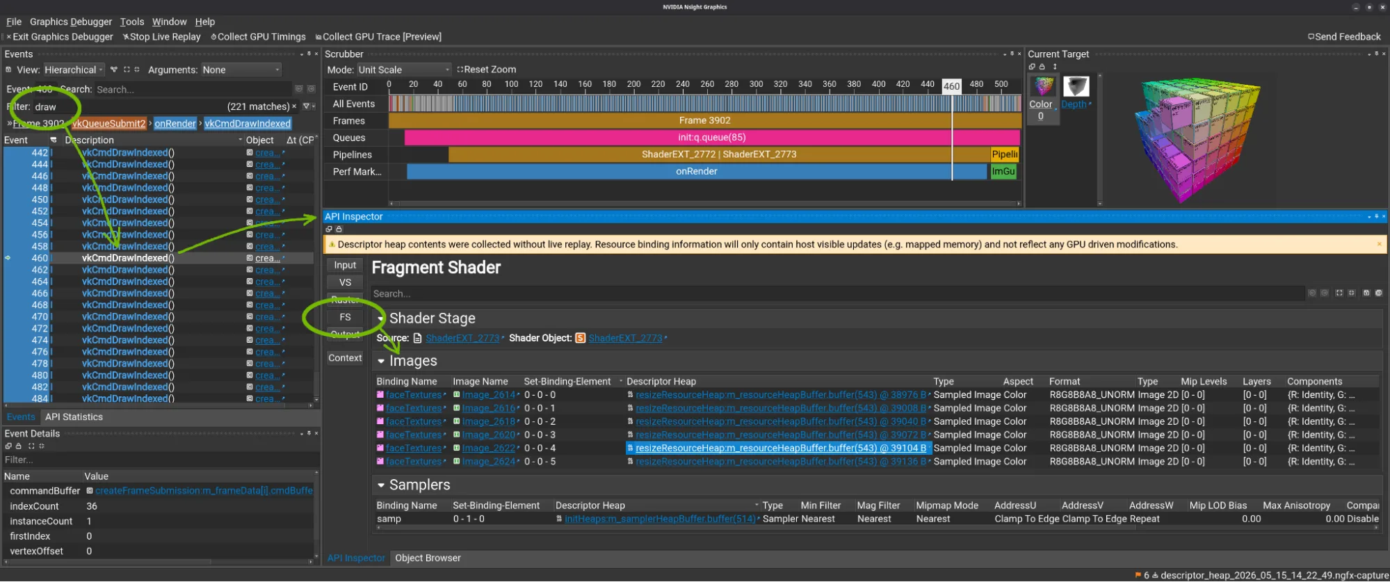 Screenshot of Nsight Graphics inspecting descriptor heap mapped images at the fragment shader stage.

