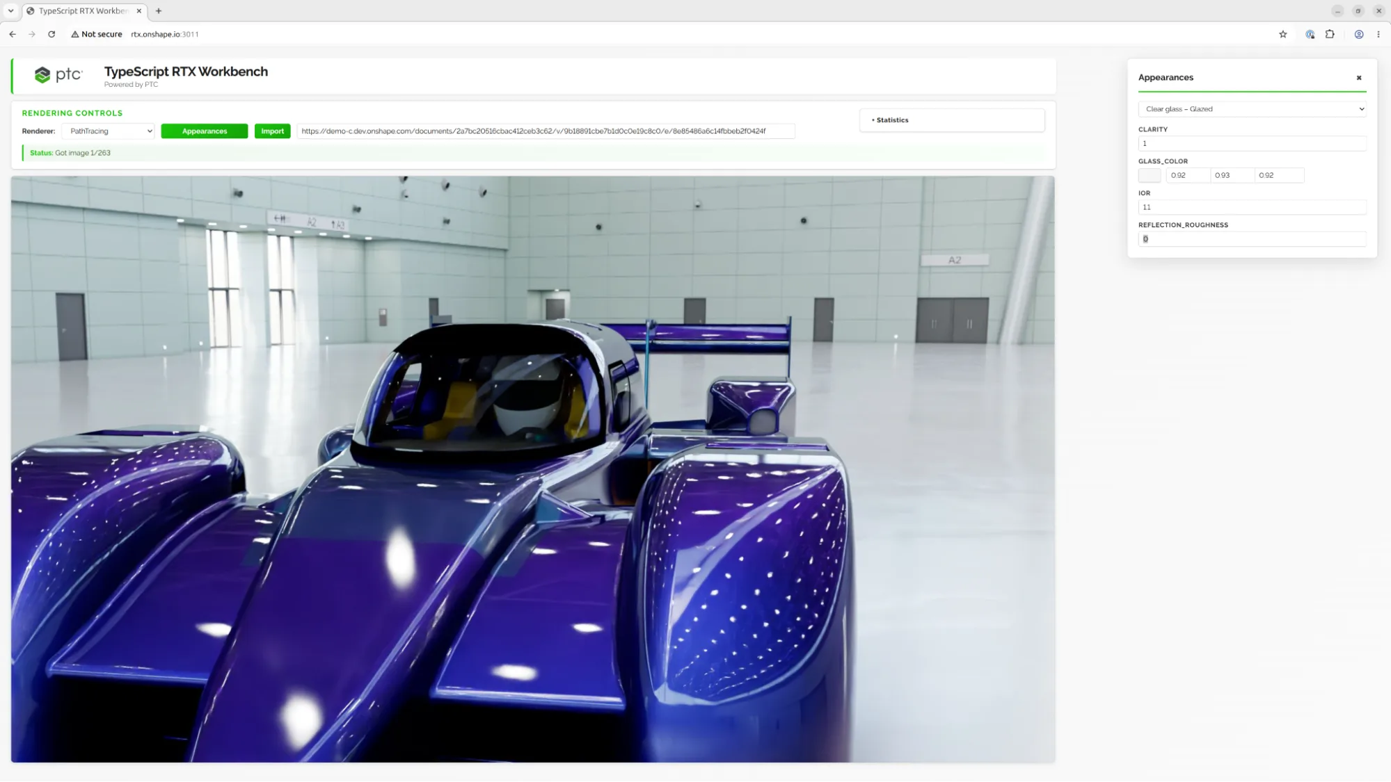Screenshot of the PTC TypeScript RTX Workbench in a web browser, showing a glossy blue race car rendered in a bright hangar with rendering controls and an appearance panel visible. 
