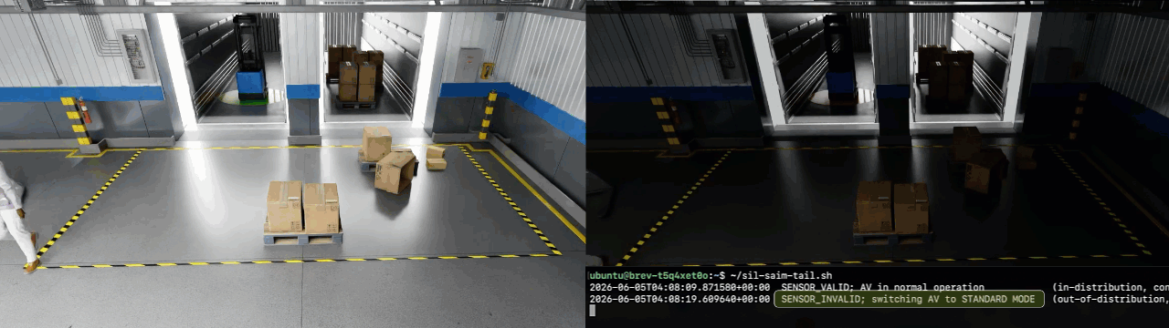 Two side-by-side simulation views of a warehouse forklift with a safety zone highlighted in orange. The right view shows a terminal log indicating a sensor validity state change from normal operation to standard mode due to an out-of-distribution detection.
