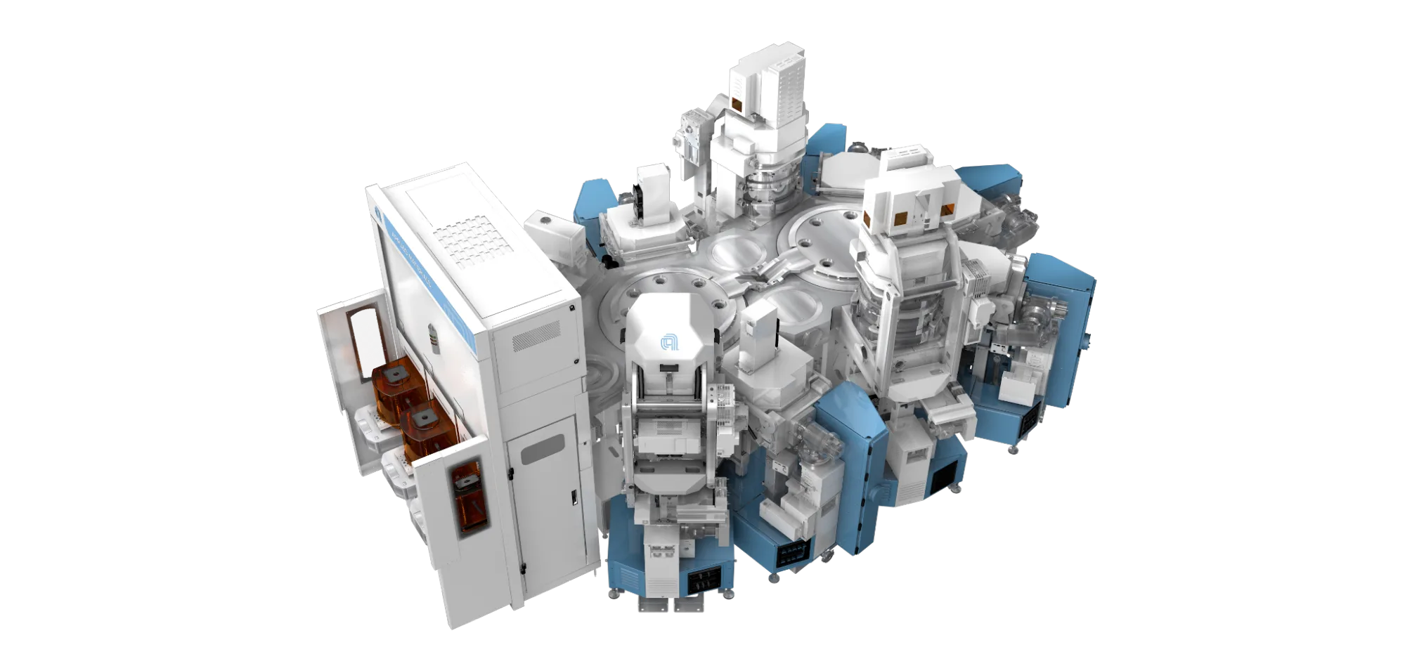 3D render of a semiconductor cluster tool with multiple processing chambers arranged around a central transfer module. 