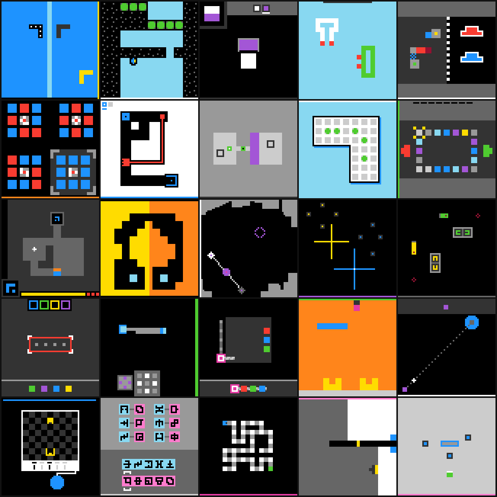 Animated grid of 25 pixel-art ARC-AGI-3 game environments showing an AI agent interacting with varied objects, layouts, and visual puzzles.