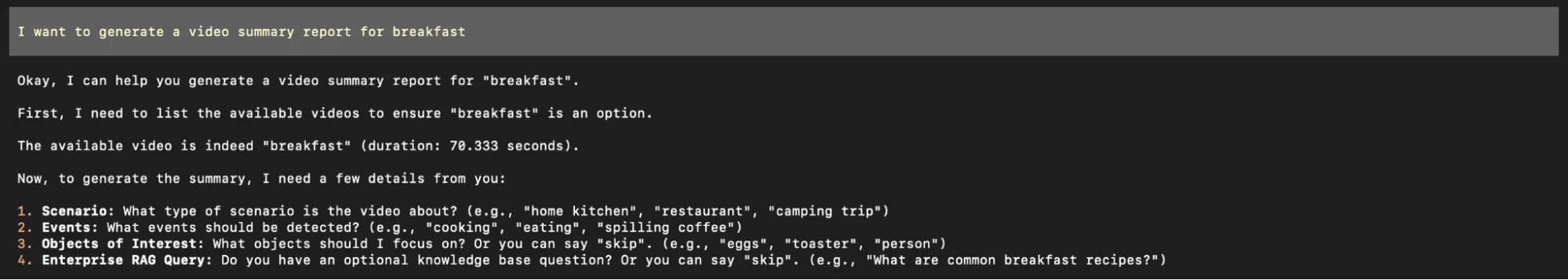 Screenshot of a terminal session in which the user answers NemoClaw’s human-in-the-loop prompts, specifying the scenario, events, objects, and reference knowledge to retrieve before the video is analyzed.
