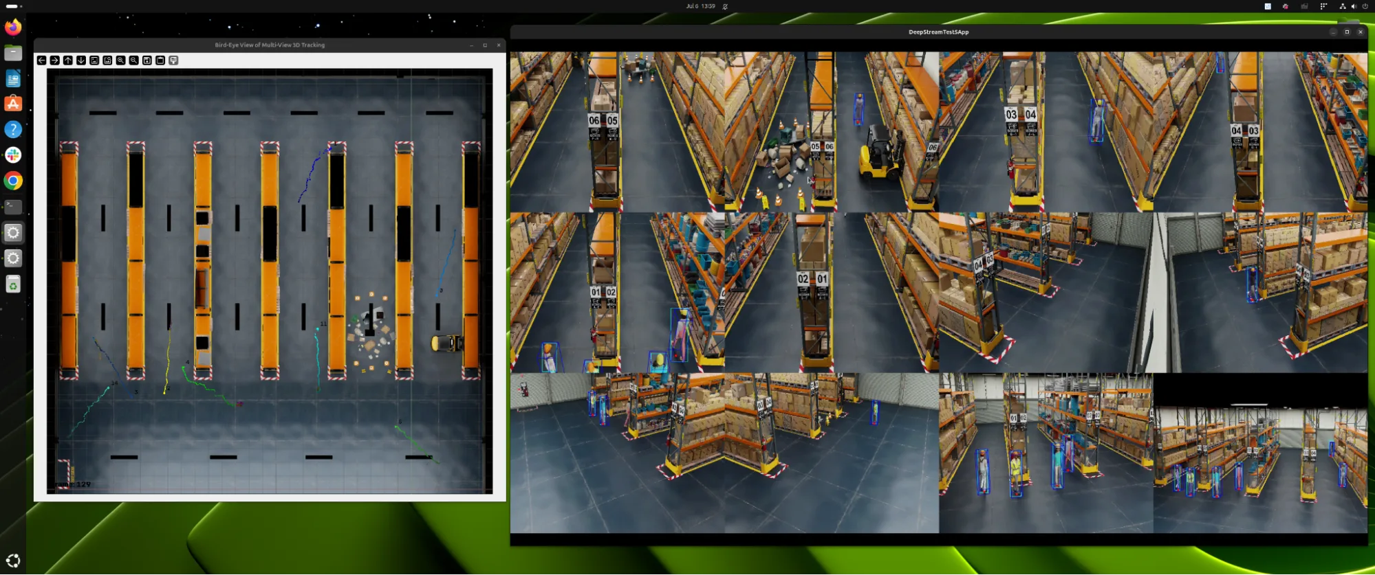 Screenshot of two windows on a Linux desktop: a bird's-eye view map with trajectory trails on the left and a tiled grid of 12 camera feeds with bounding boxes on the right.

