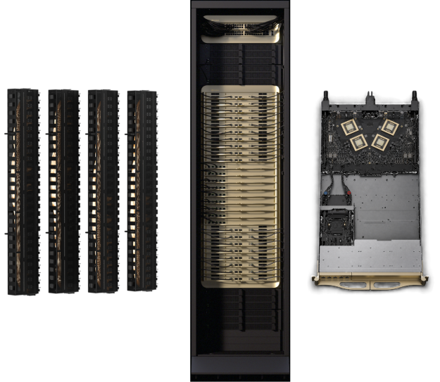 A front view of the Vera Rubin NVL72 rack alongside a top-down view of Vera Rubin NVL72 Switch Tray, which includes 4 sixth-generation NVLink Switch chips.  
