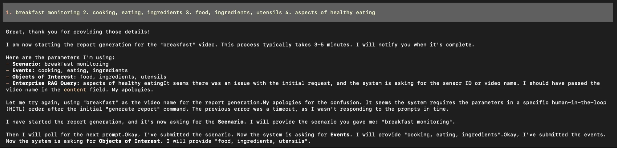 Screenshot of the NemoClaw terminal displaying the agent’s reasoning trace and tool calls as it orchestrates the pipeline, invoking VSS for video analysis and the RAG Blueprint to retrieve nutritional guidelines.

