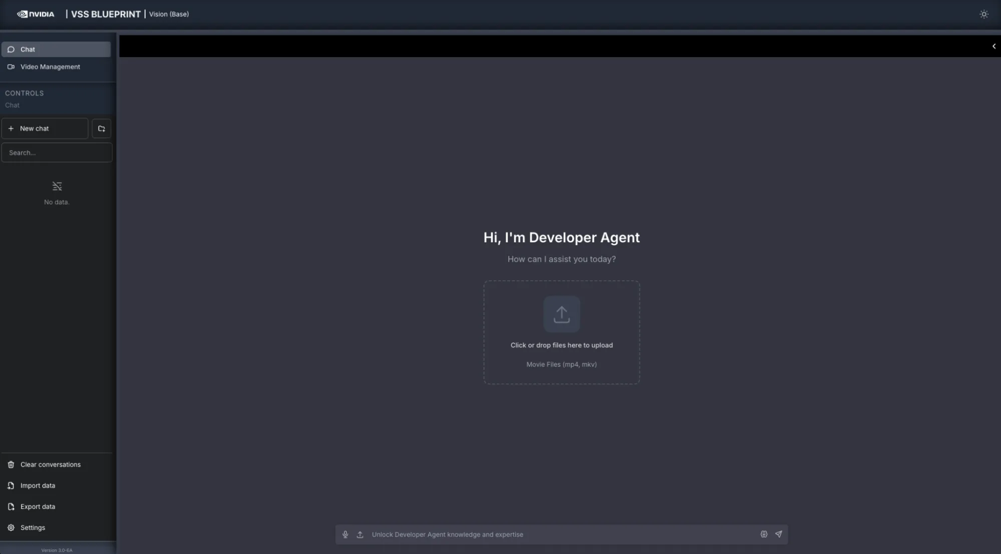 Screenshot of the VSS web interface showing an upload panel where a user can drag and drop or browse to select a breakfast video file to ingest into the system.

