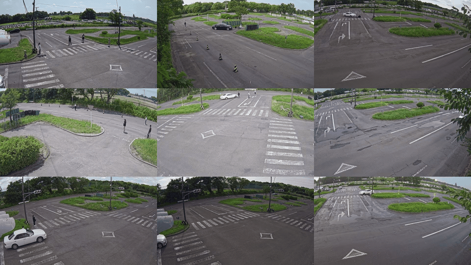 Visual overview of the Woven Traffic Safety (WTS) validation dataset, showing multiple vantage points of urban and residential road structures used to test the model's spatial reasoning.
