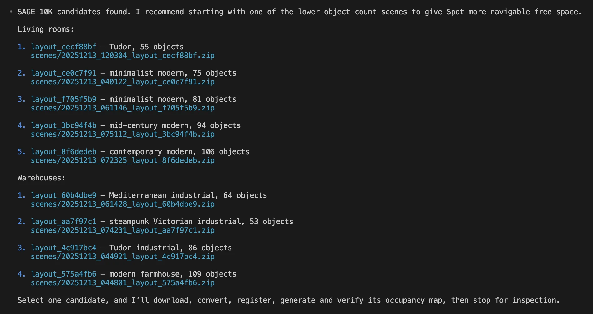 Terminal output lists compatible SAGE-10K living room and warehouse scenes with layout IDs, styles, and object counts, then pauses for the developer to select a scene before conversion and registration.