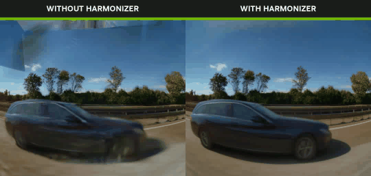 Video comparing raw NuRec output with NVIDIA Harmonizer output from the same rendered camera viewpoint. The raw view contains visible sky artifacts that are reduced in the Harmonizer output.