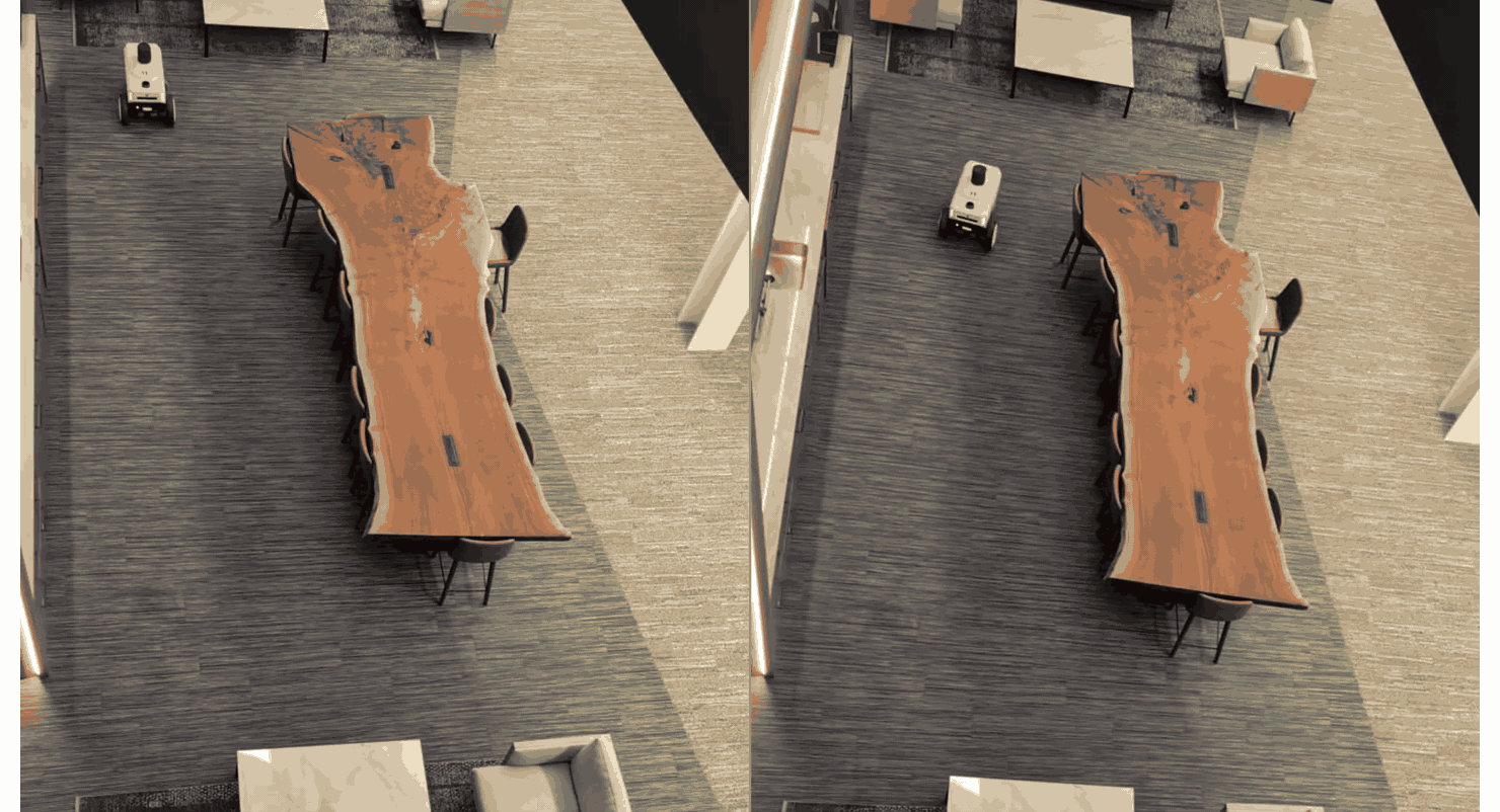 Side-by-side GIFs showing robot navigation rollouts around a conference table.
