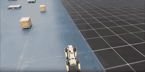 A GIF showing Spot quadruped navigating between warehouse racks, pallets, boxes, and a mobile cart in the COMPASS simulation scene.