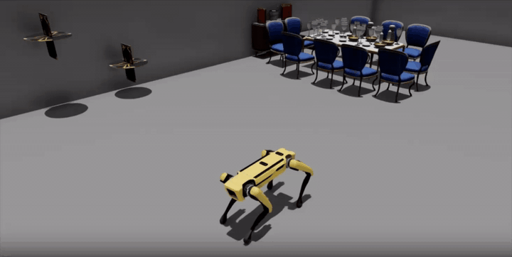 A GIF showing a yellow Spot quadruped standing in a simulated indoor scene with a dining table, blue chairs, and wall-mounted fans.