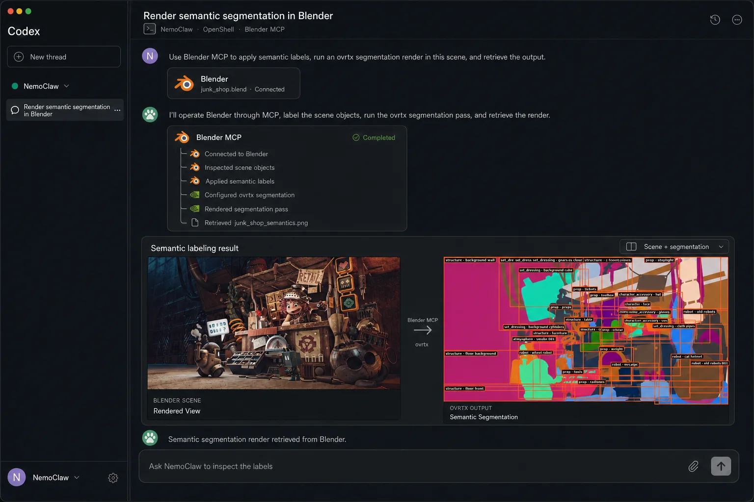 Screenshot of the Codex interface showing NemoClaw completing a "Render semantic segmentation in Blender" task through Blender MCP. The completed step list includes: connected to Blender, inspected scene objects, applied semantic labels, configured ovrtx segmentation, rendered segmentation pass, and retrieved junk_shop_semantics.png. Below, a side-by-side result shows the original junk-shop rendered view alongside the ovrtx semantic segmentation output, where scene objects are color-coded and labeled (character, robots, props, background elements).
