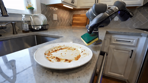Gif showing eight-GPU Cosmos 3 video output showing a robotic arm cleaning a plate with a sponge over a 7.875-second, 189-frame clip at 1280 by 720 resolution and 24 frames per second.