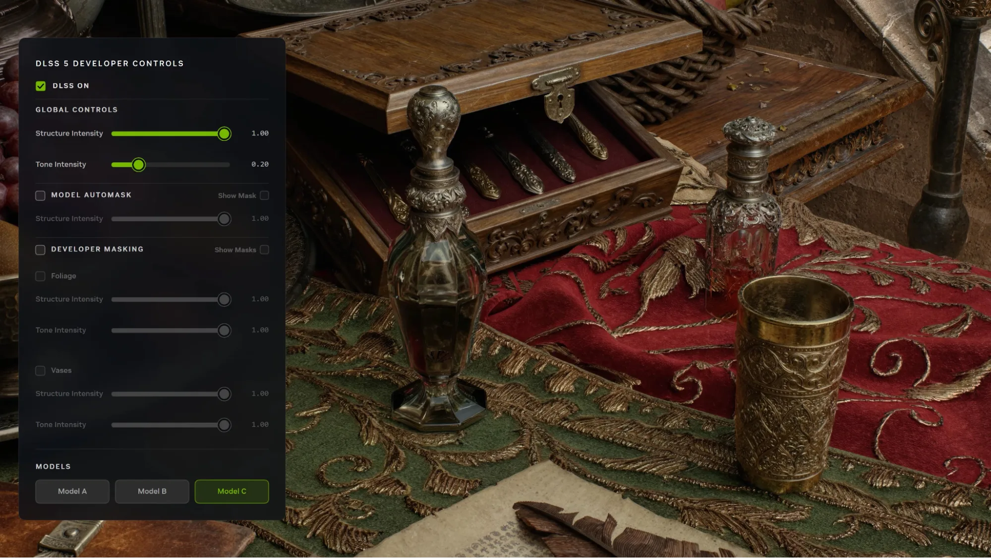 A DLSS 5 developer controls panel overlays the left side of a rendered still life featuring ornate glassware, a wooden box, and fabric. The panel shows DLSS enabled, Model C selected, global Structure Intensity and Tone Intensity sliders, Model Automask, and Developer Masking controls for Foliage and Vases.