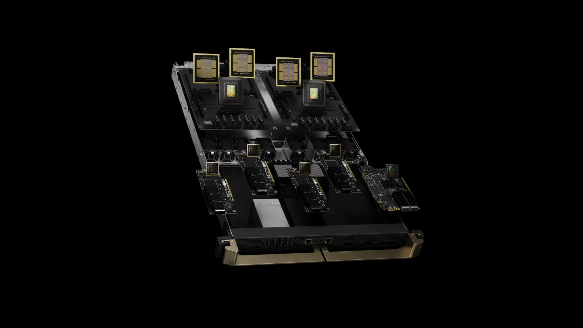 Exploded view of a GB200 NVL72 compute tray, showing its internal circuit boards and processor modules arranged above the open rack-mounted chassis.